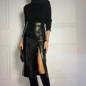 Black Leather Pencil Skirt with Brass Buttons on the Side